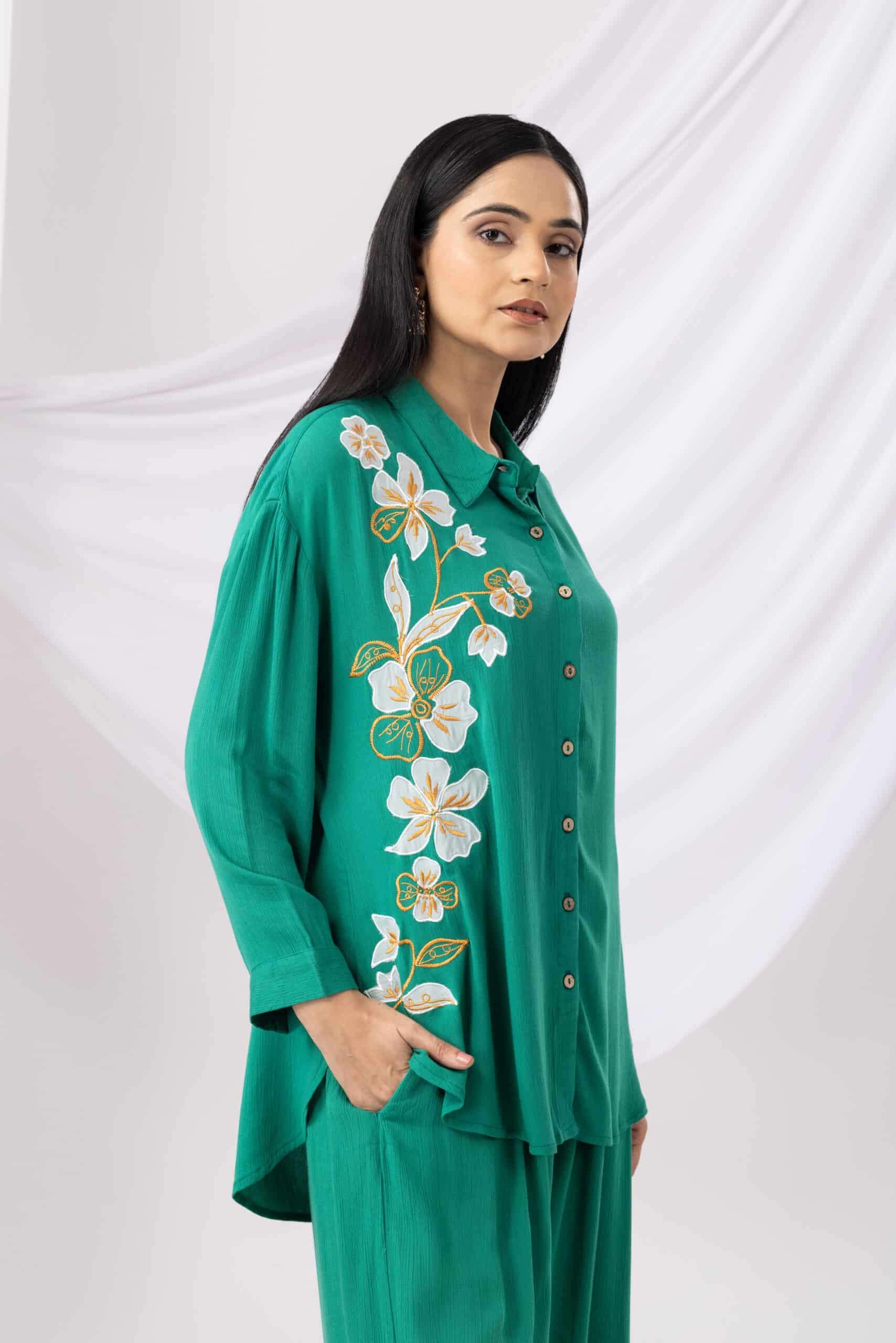 Co Ord Neon Green Embroidered Collar Tops Womens