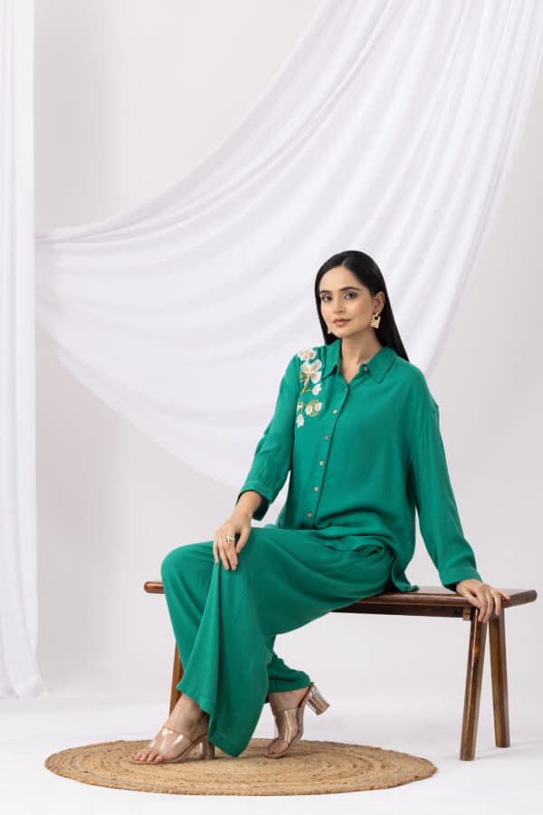 Co Ord Neon Green Embroidered Collar Tops Womens