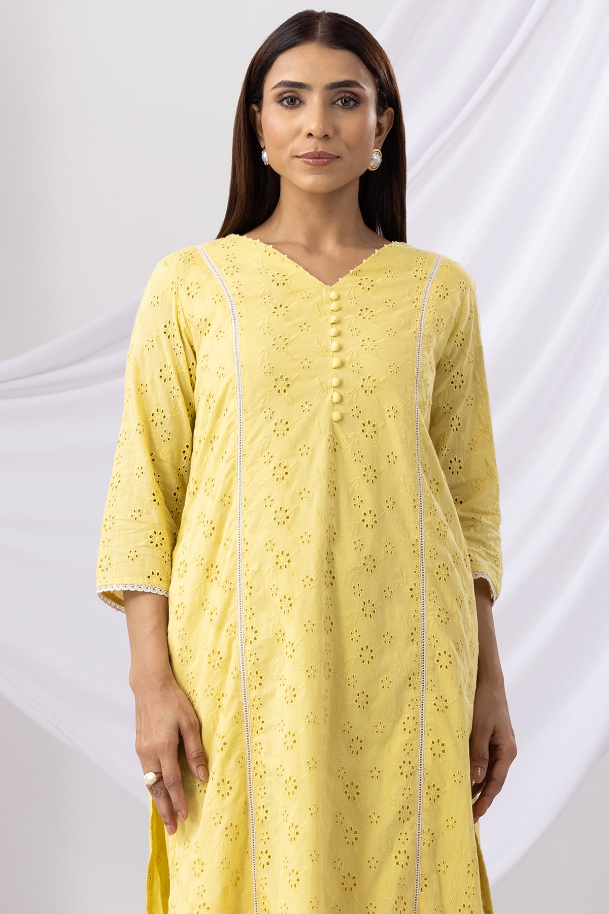 Women Schiffli V Neck Kurti