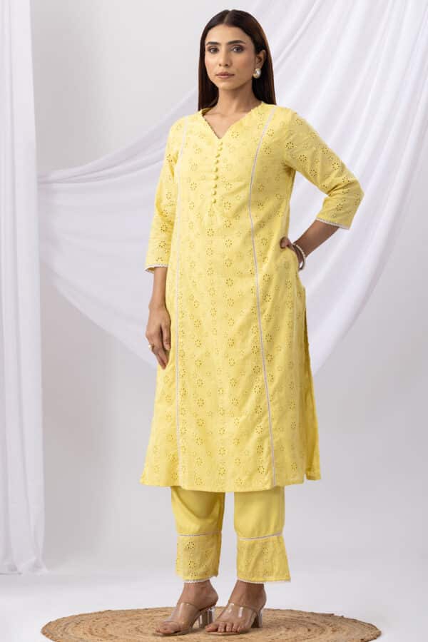 Women Schiffli V Neck Kurti