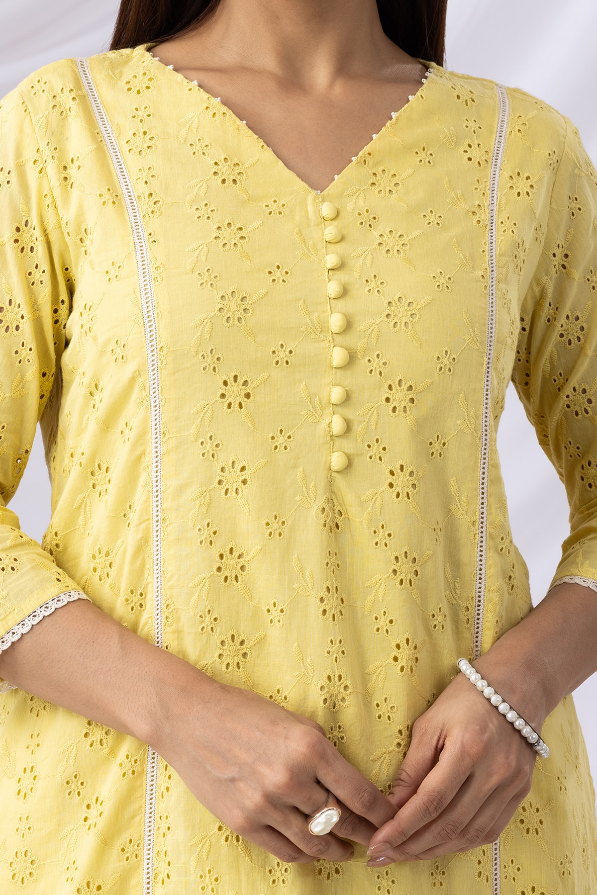 Women Schiffli V Neck Kurti