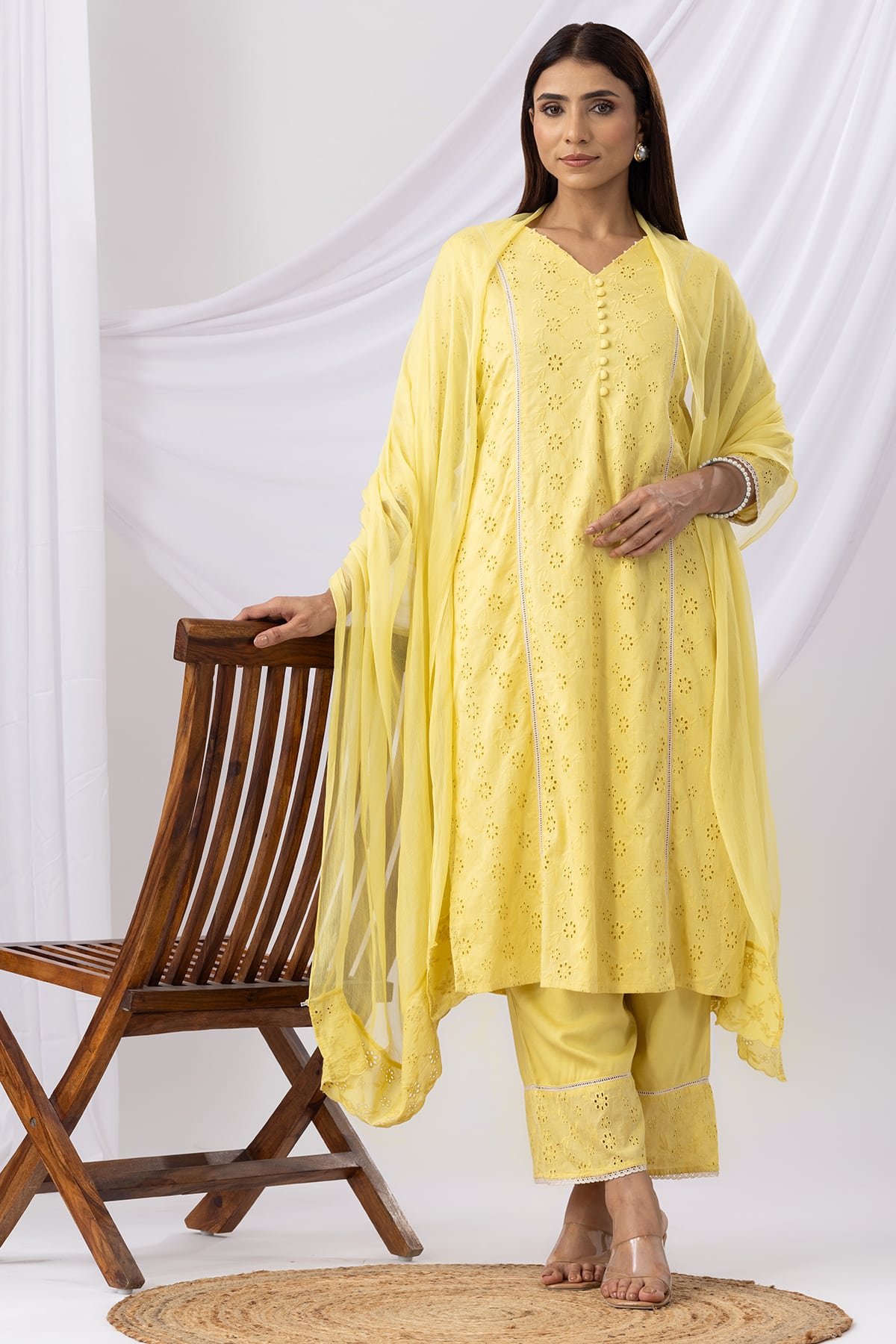 Women Schiffli V Neck Kurti
