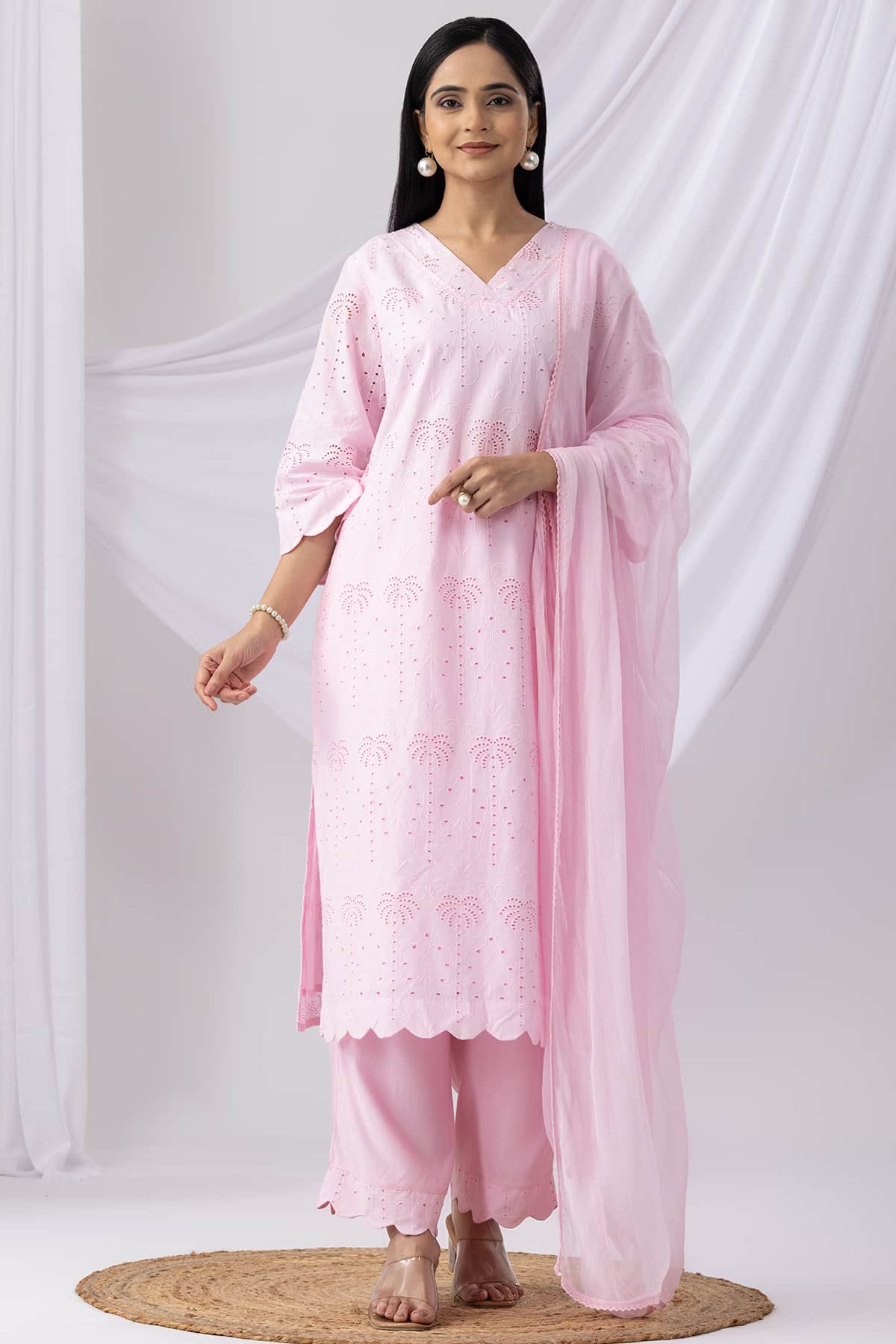 Schiffli Pink Kurta For Women