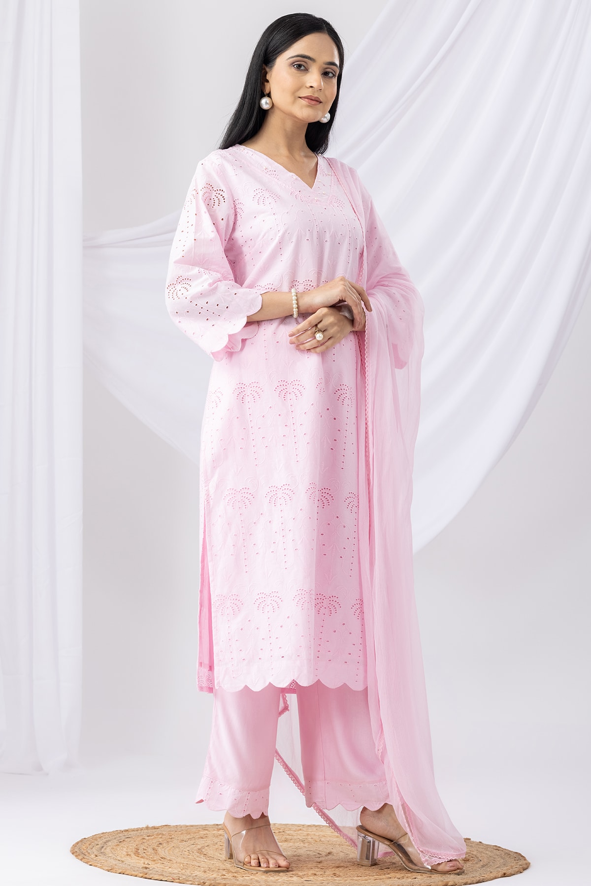 Schiffli Pink Kurta For Women