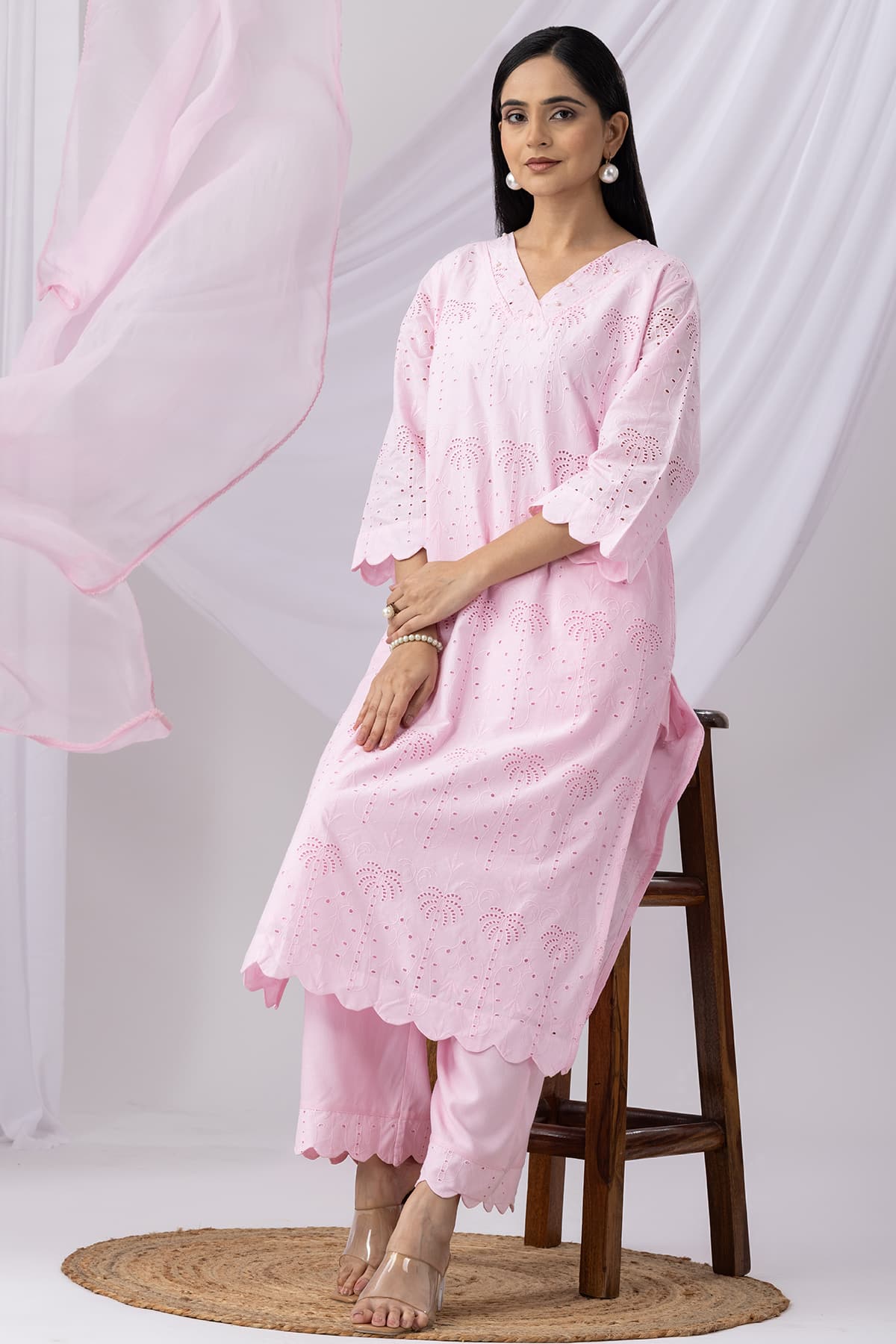 Schiffli Pink Kurta For Women