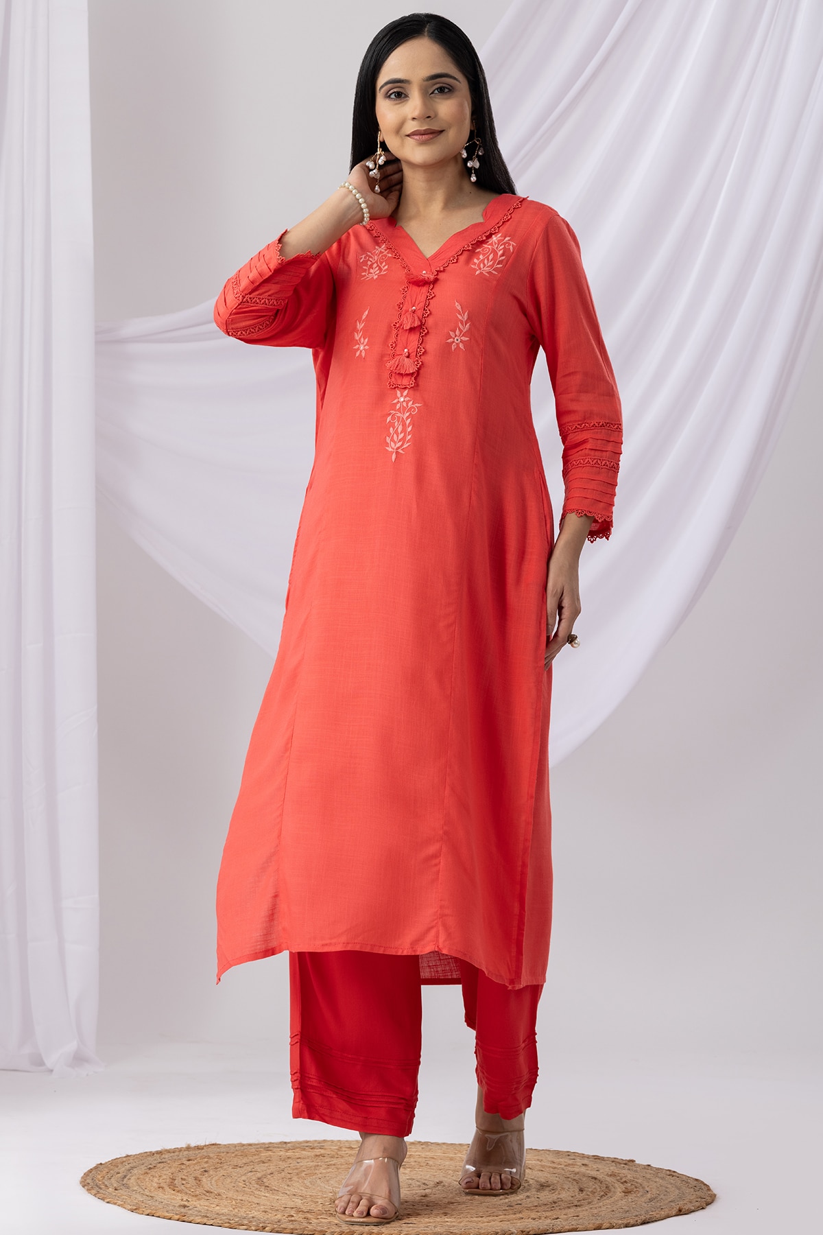 Embroidered Coral V Neck Kurti Woman