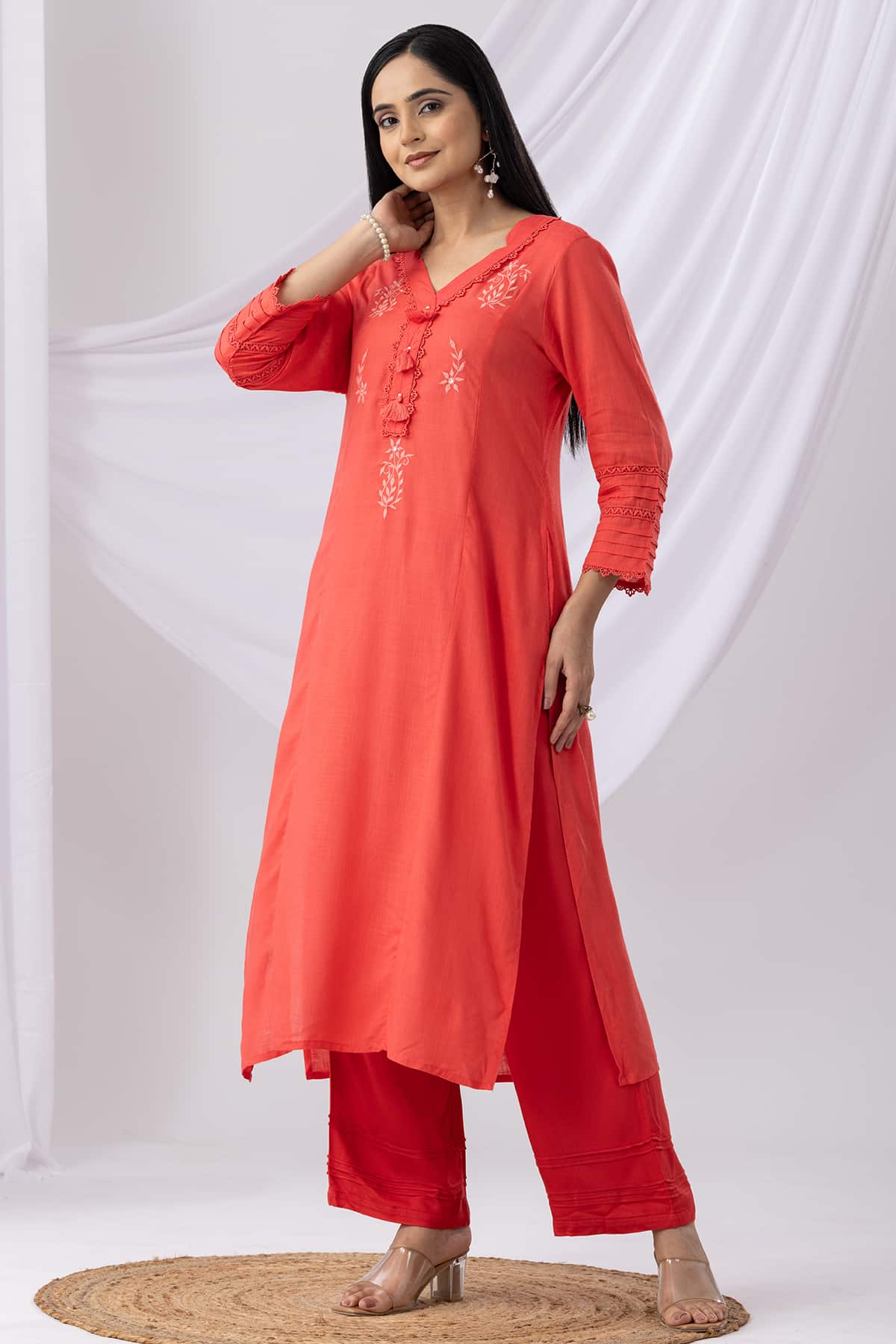 Embroidered Coral V Neck Kurti Woman