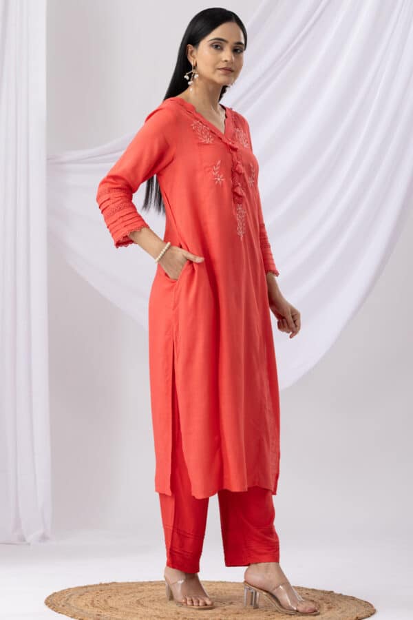 Embroidered Coral V Neck Kurti Woman