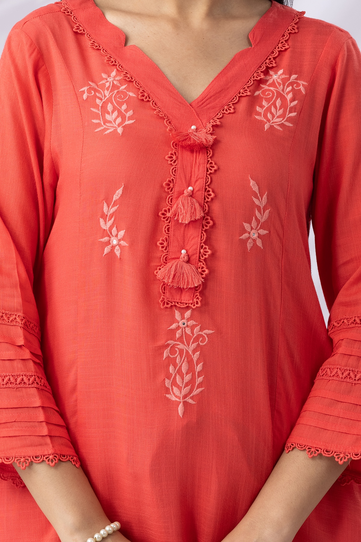 Embroidered Coral V Neck Kurti Woman