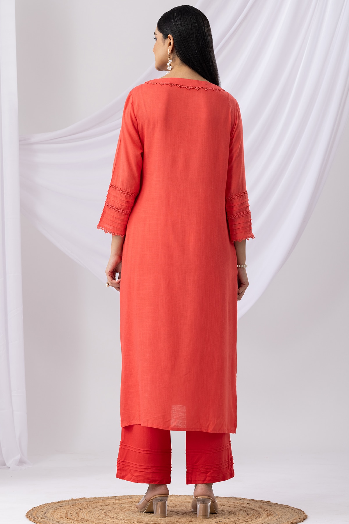 Embroidered Coral V Neck Kurti Woman