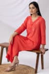 Embroidered Coral V Neck Kurti Woman