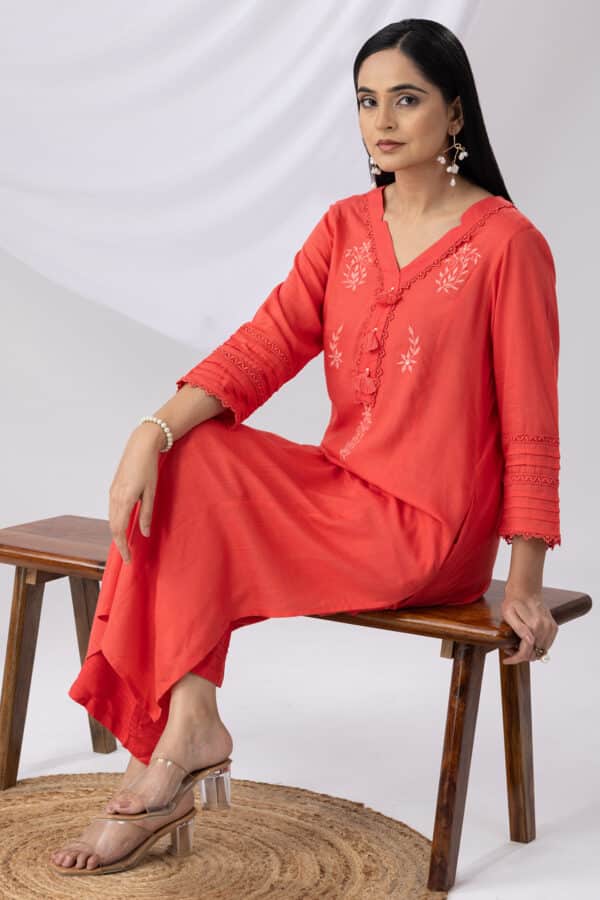 Embroidered Coral V Neck Kurti Woman