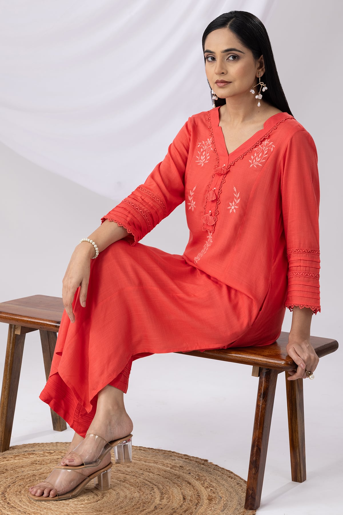 Embroidered Coral V Neck Kurti Woman
