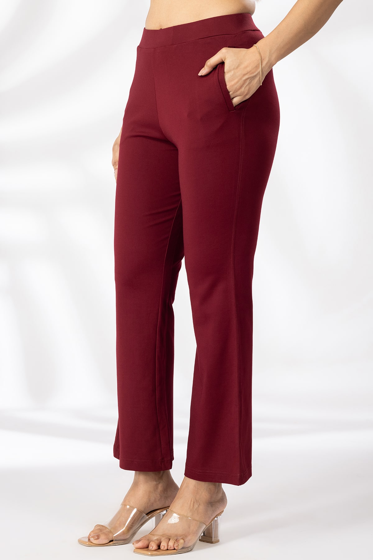 Solid Maroon Flared Pants For Women