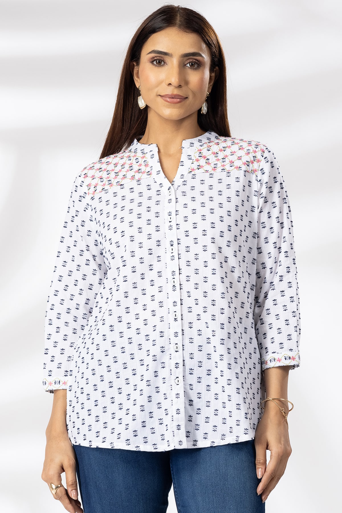 White Embroidered Cotton Shirt Ladies