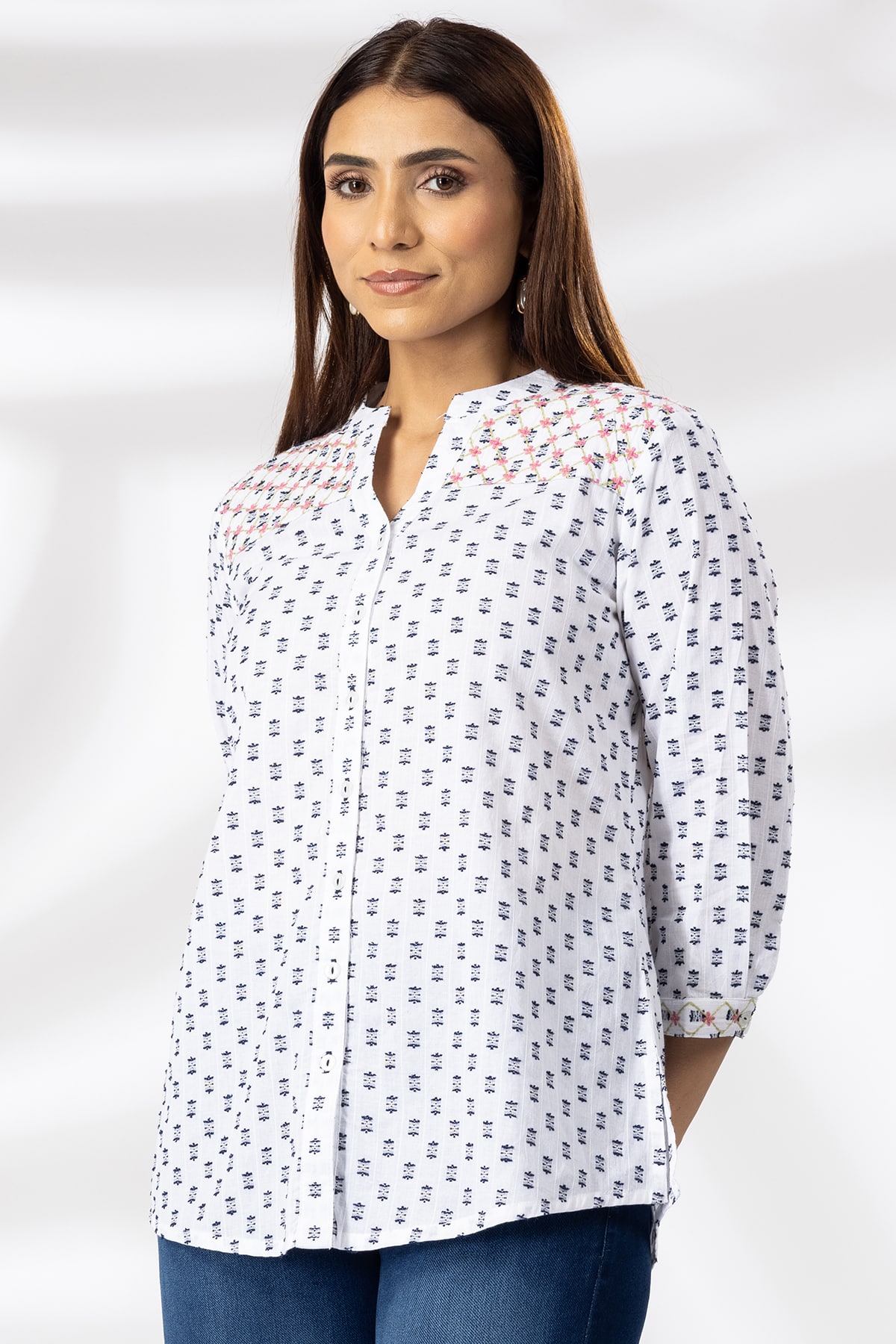 White Embroidered Cotton Shirt Ladies