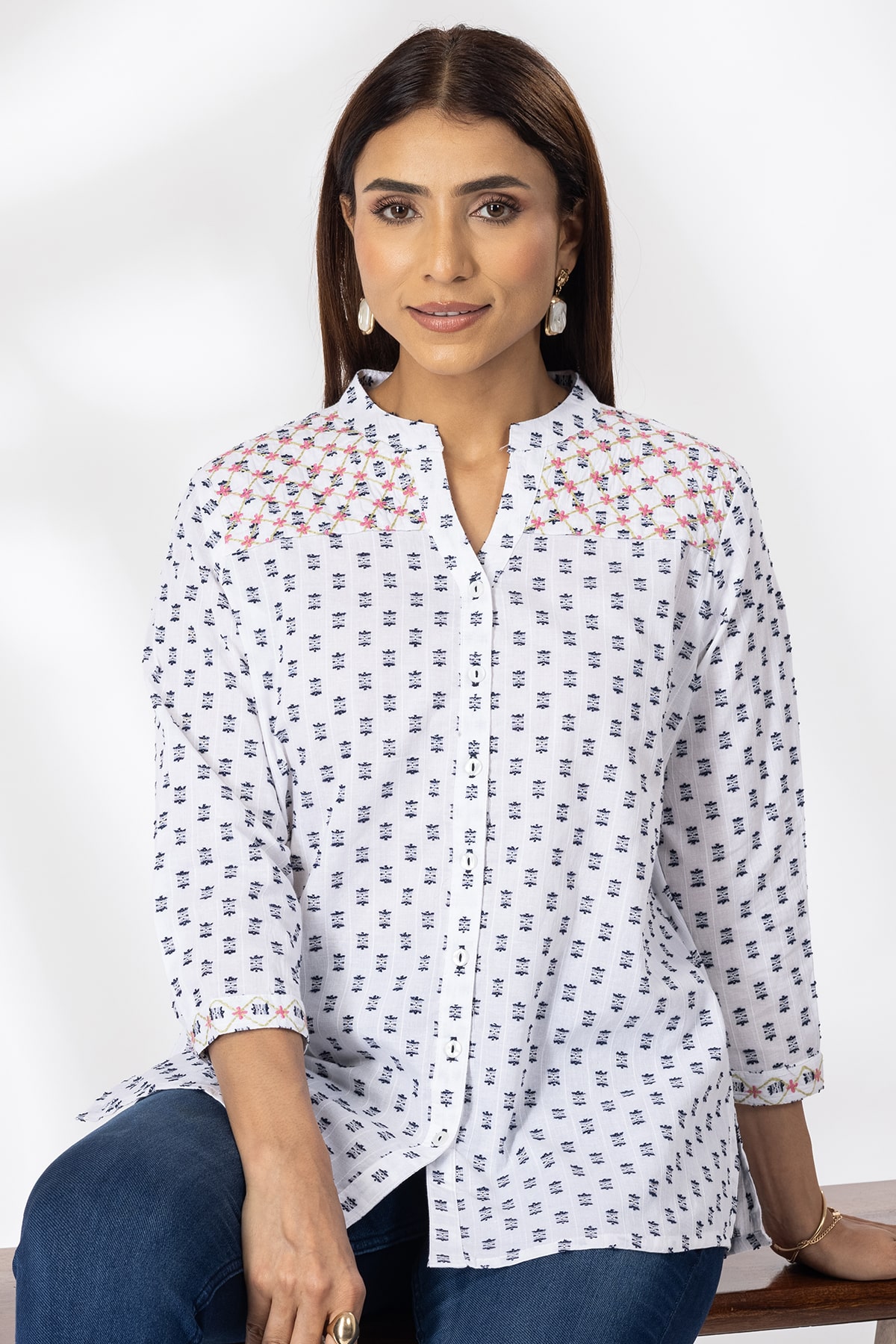 White Embroidered Cotton Shirt Ladies