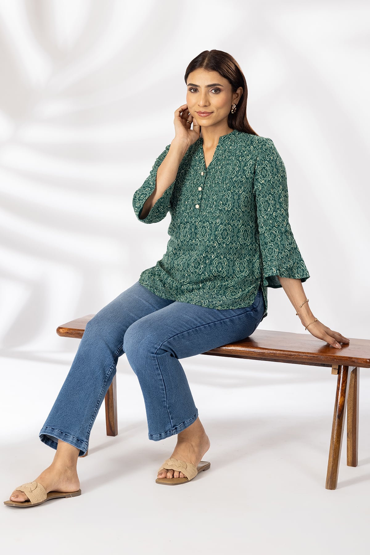 Green Printed Casual Top Women
