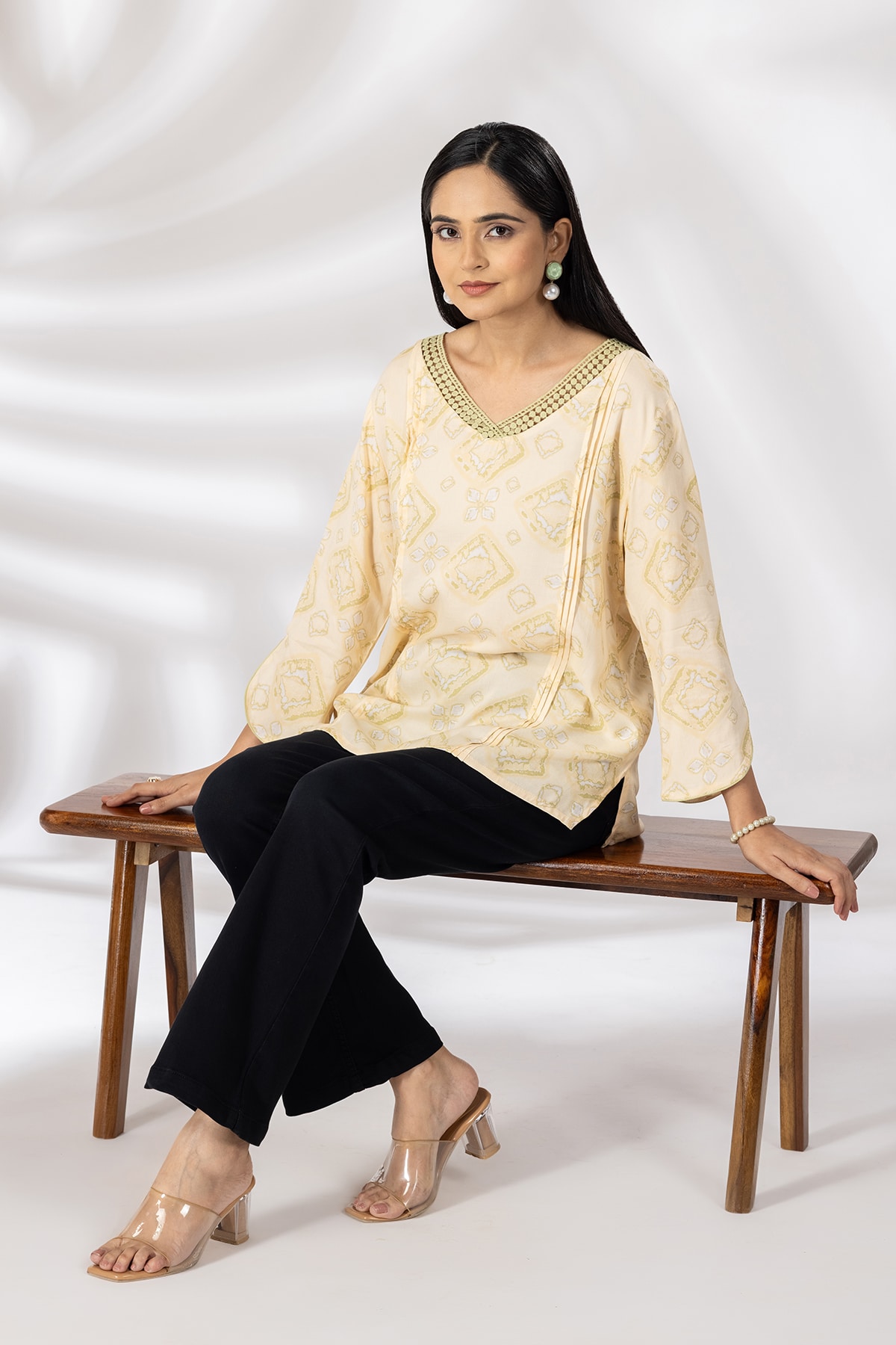 Beige Printed Casual Top Women