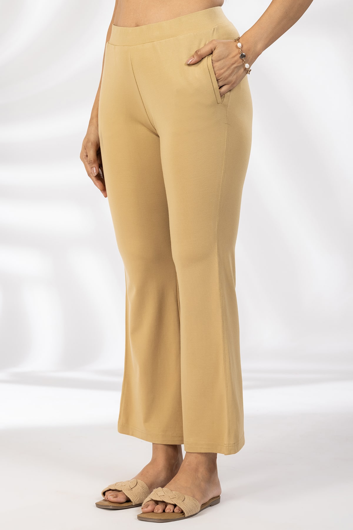 Solid Flared Beige Pants Women