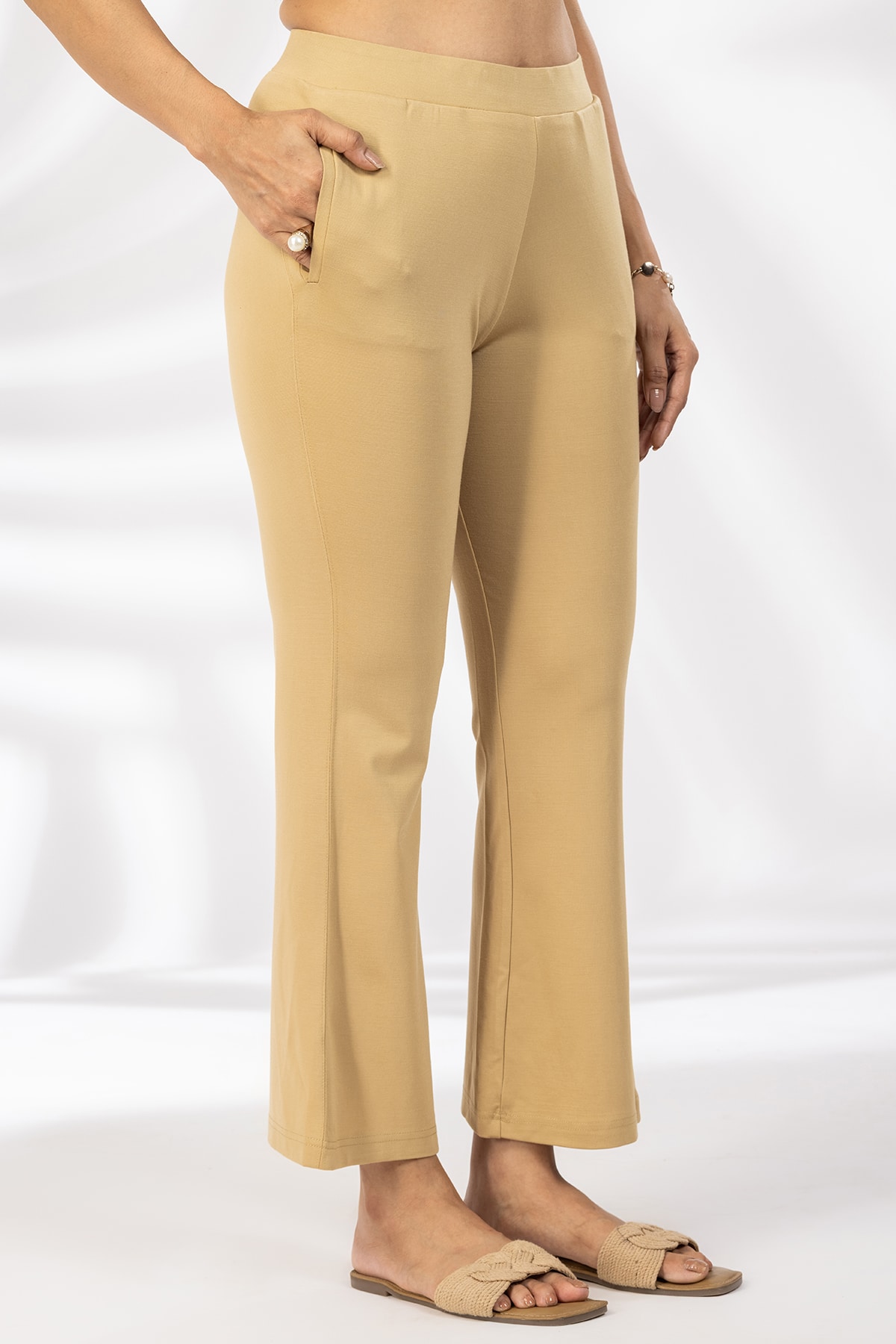 Solid Flared Beige Pants Women