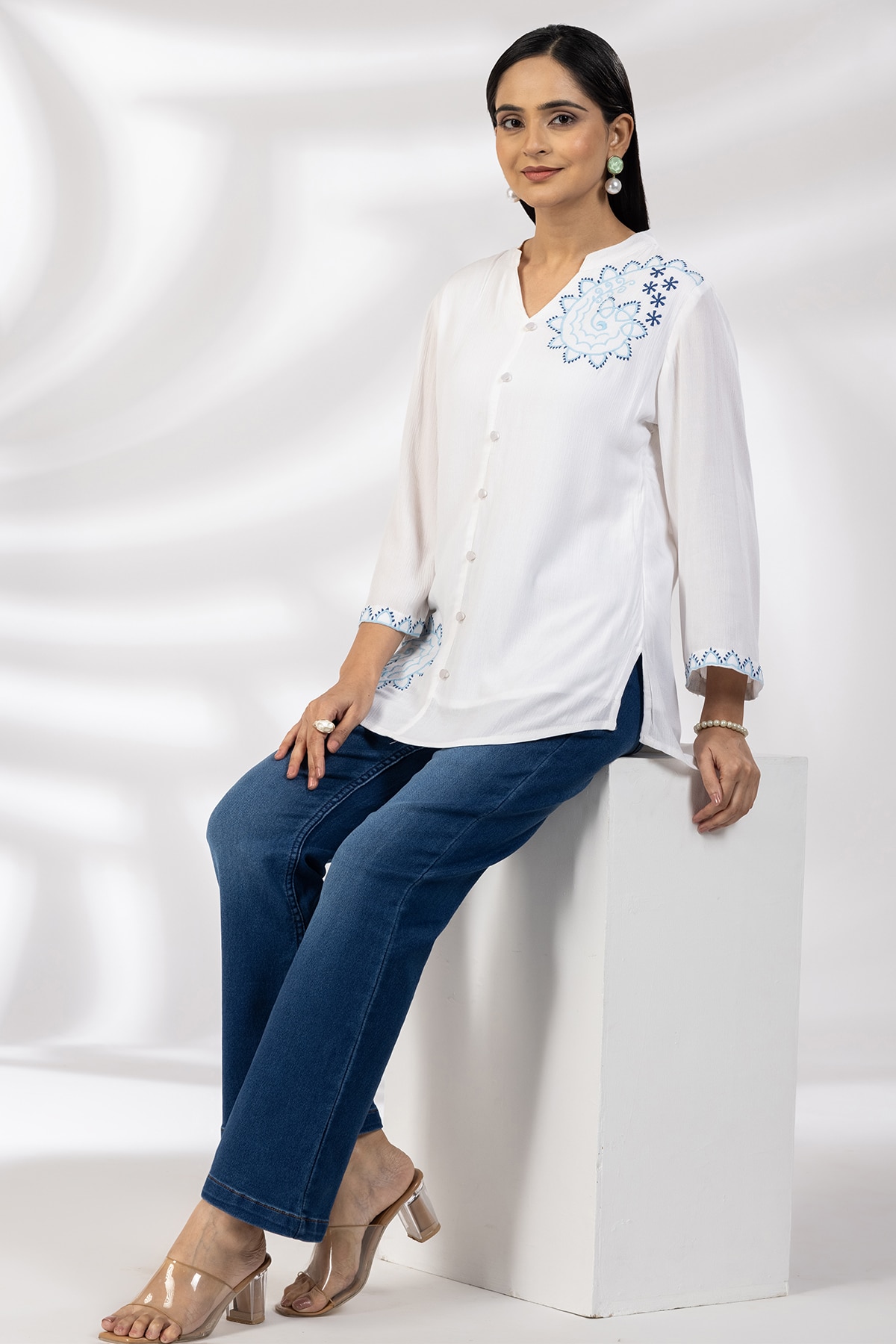 White Embroidered Rayon Crepe Casual Top with Mandarin Collar - Image 4