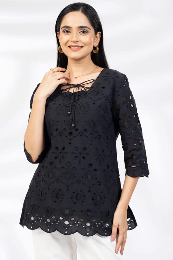 Schiffli Black Top For Women