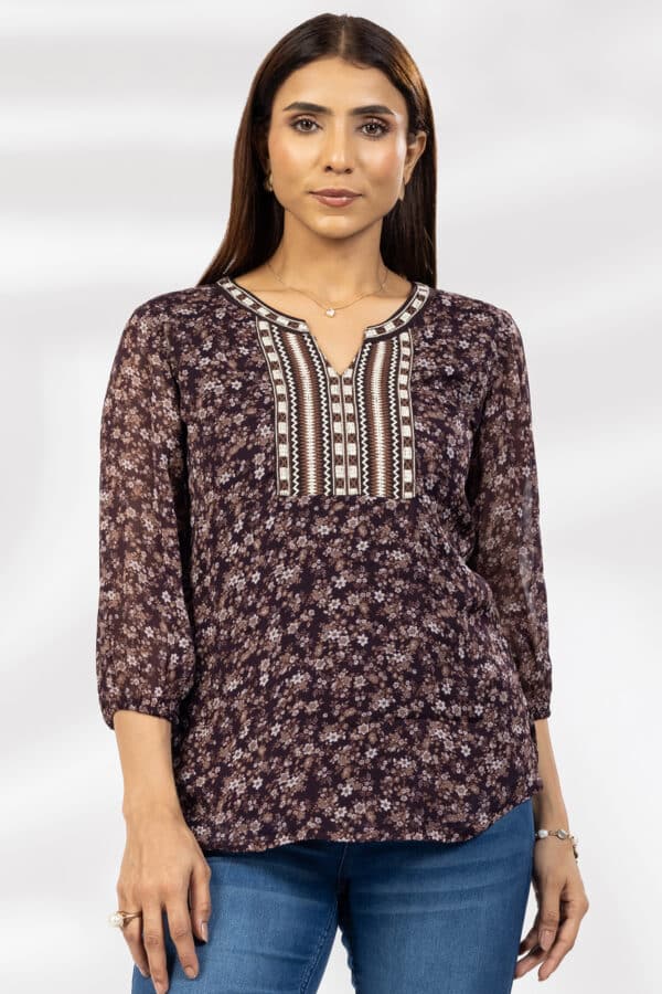 Embroidered Brown Top Women