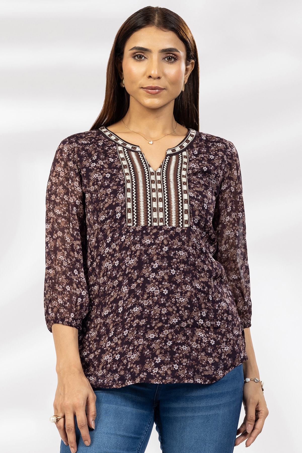 Embroidered Brown Top Women