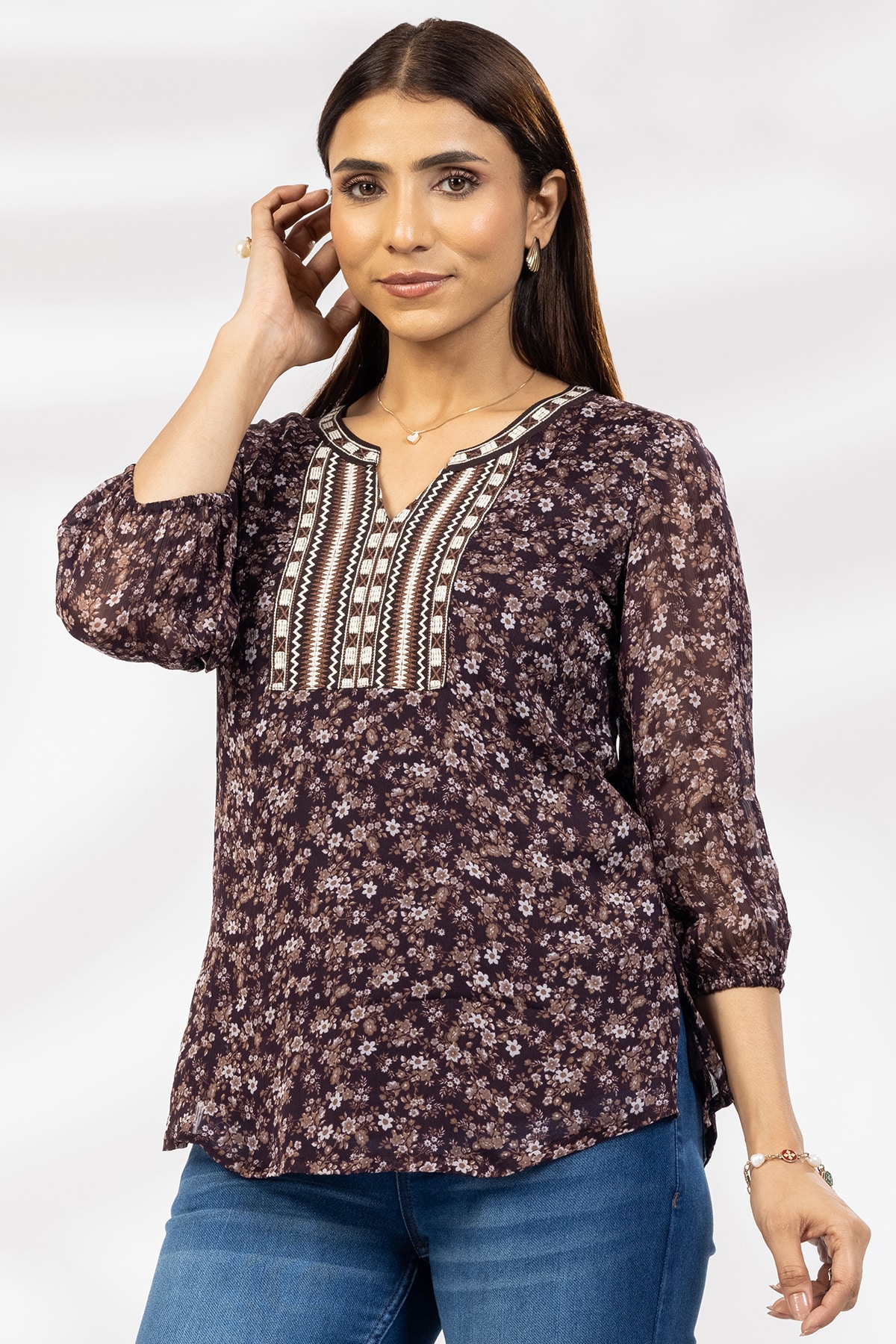 Embroidered Brown Top Women