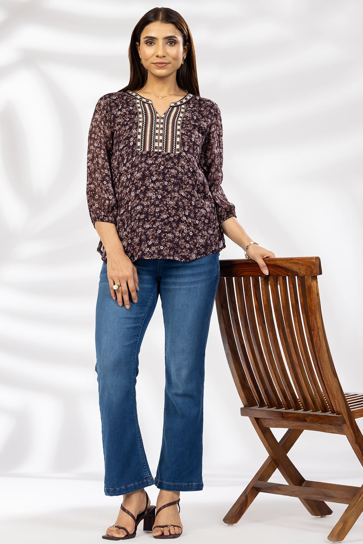 Embroidered Brown Top Women