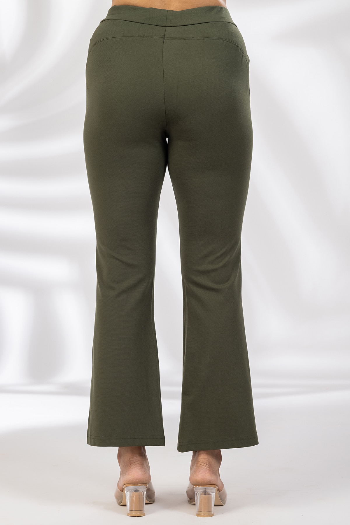 Solid Olive Green Flared Pants For Women