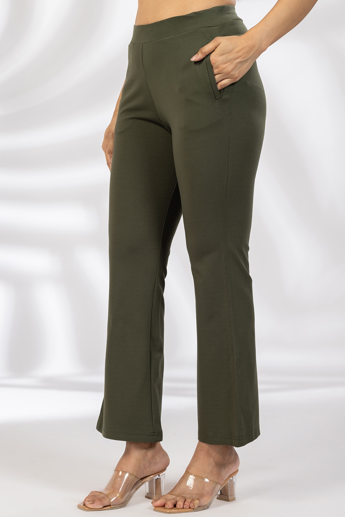 Solid Olive Green Flared Pants For Women
