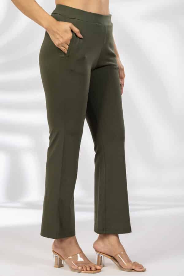 Solid Olive Green Flared Pants For Women
