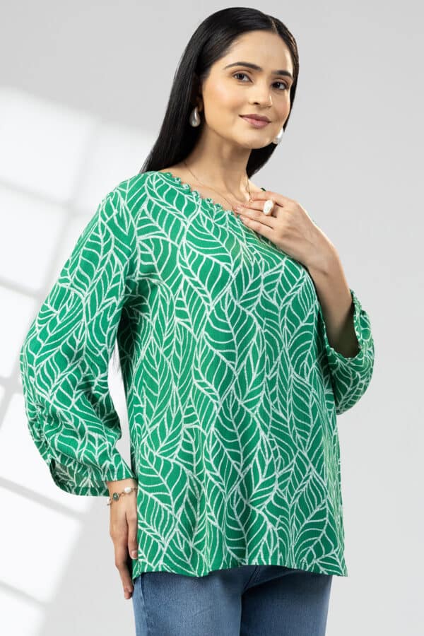 Green Printed V Neck Top Women