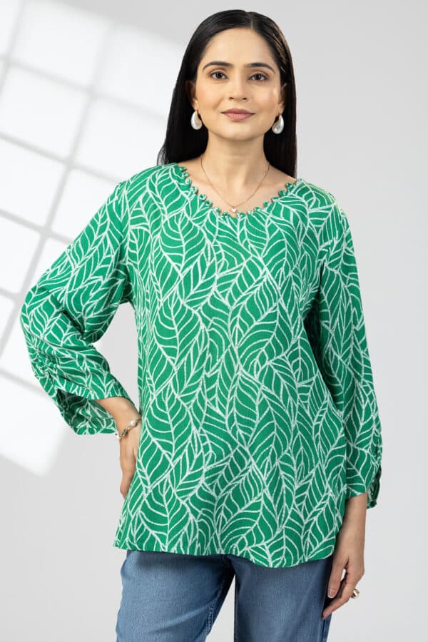 Green Printed V Neck Top Women
