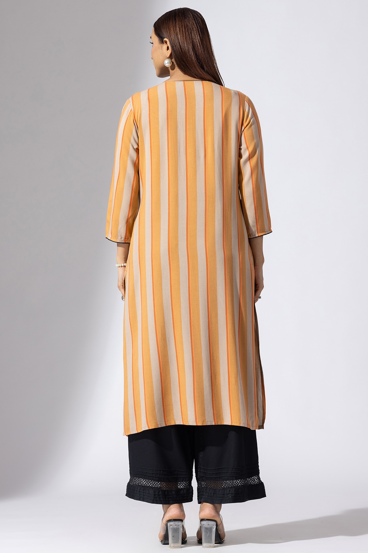 Stripes Orange V Neck Kurti Ladies
