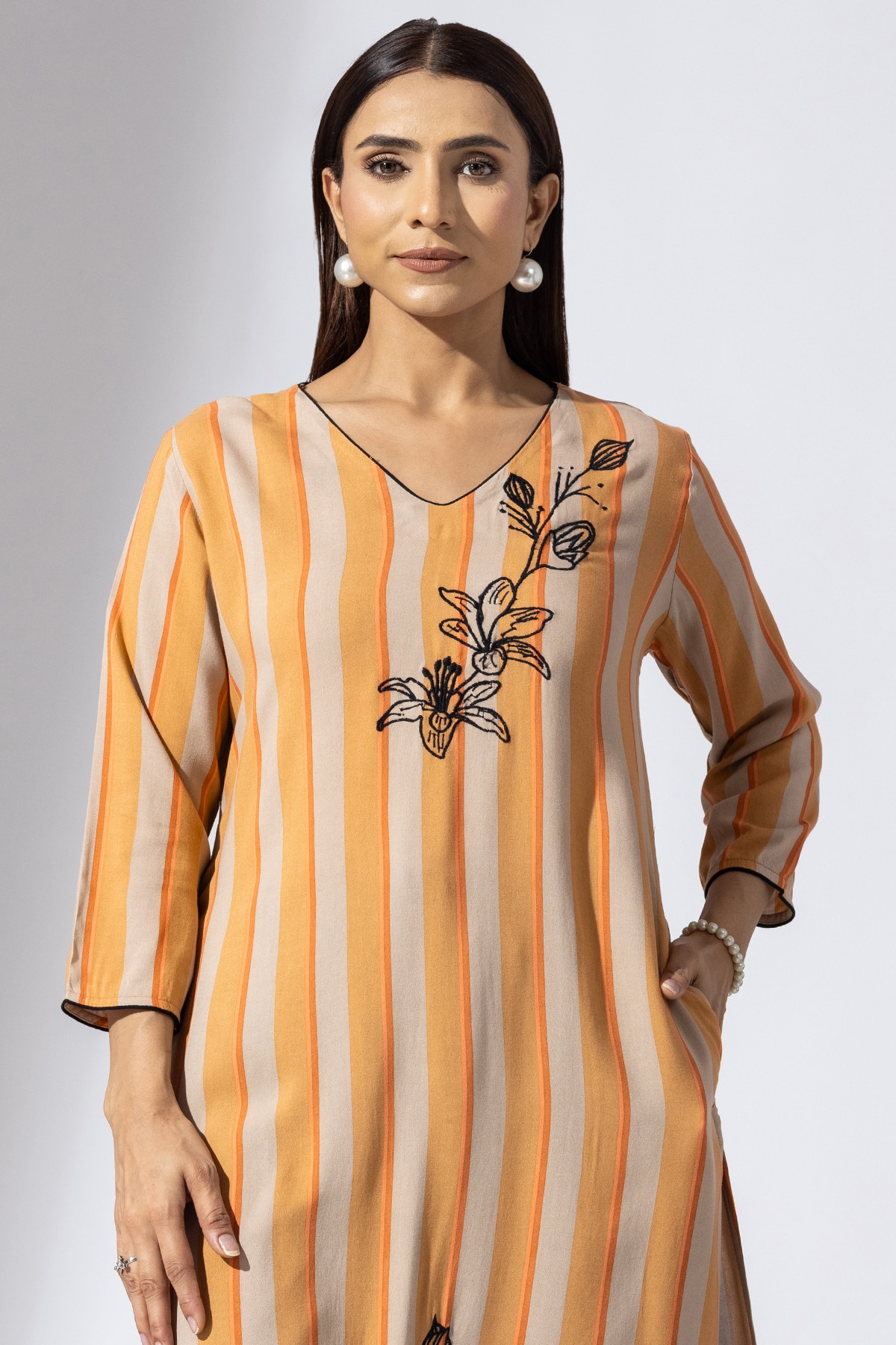 Stripes Orange V Neck Kurti Ladies