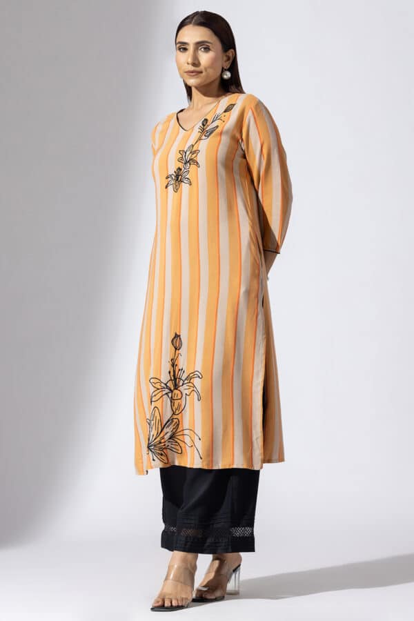 Stripes Orange V Neck Kurti Ladies