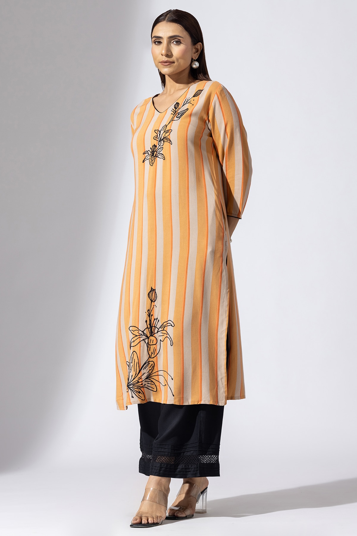 Stripes Orange V Neck Kurti Ladies