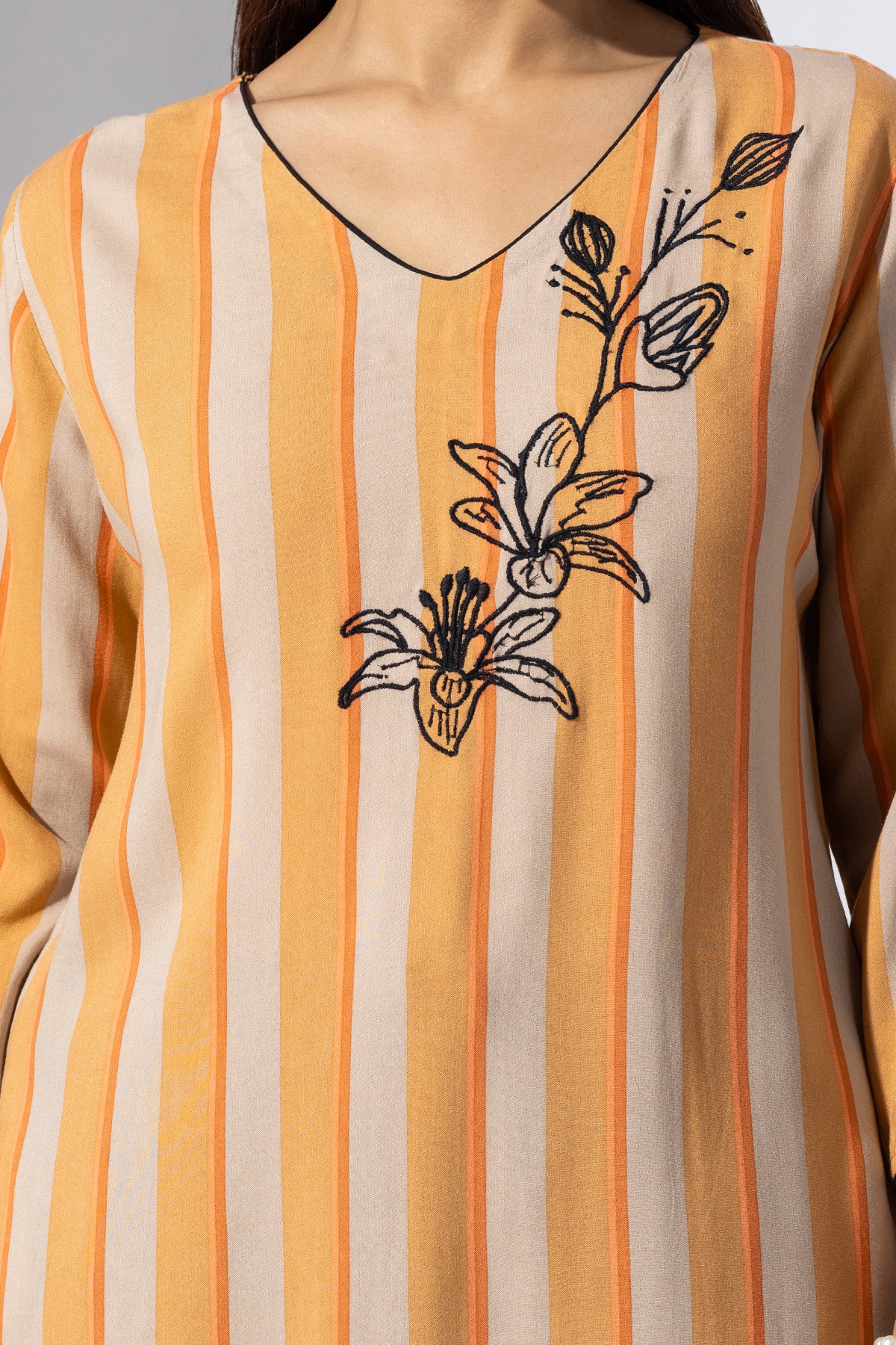 Stripes Orange V Neck Kurti Ladies