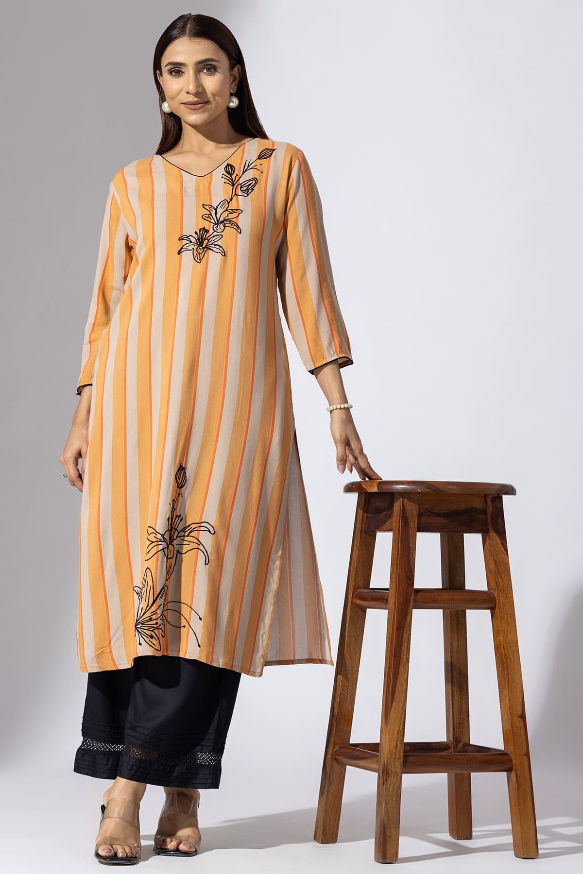 Stripes Orange V Neck Kurti Ladies