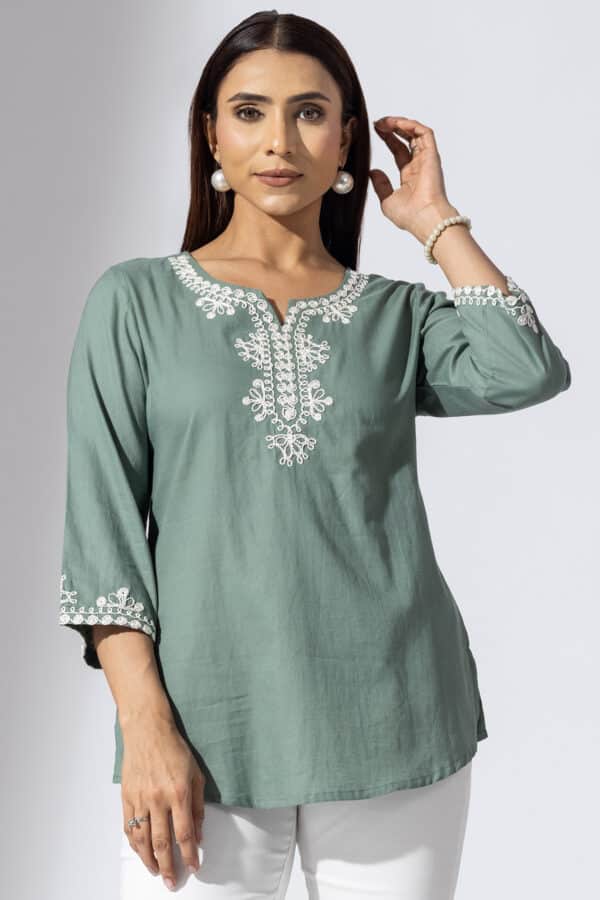 Embroidered Olive Green Tops For Women