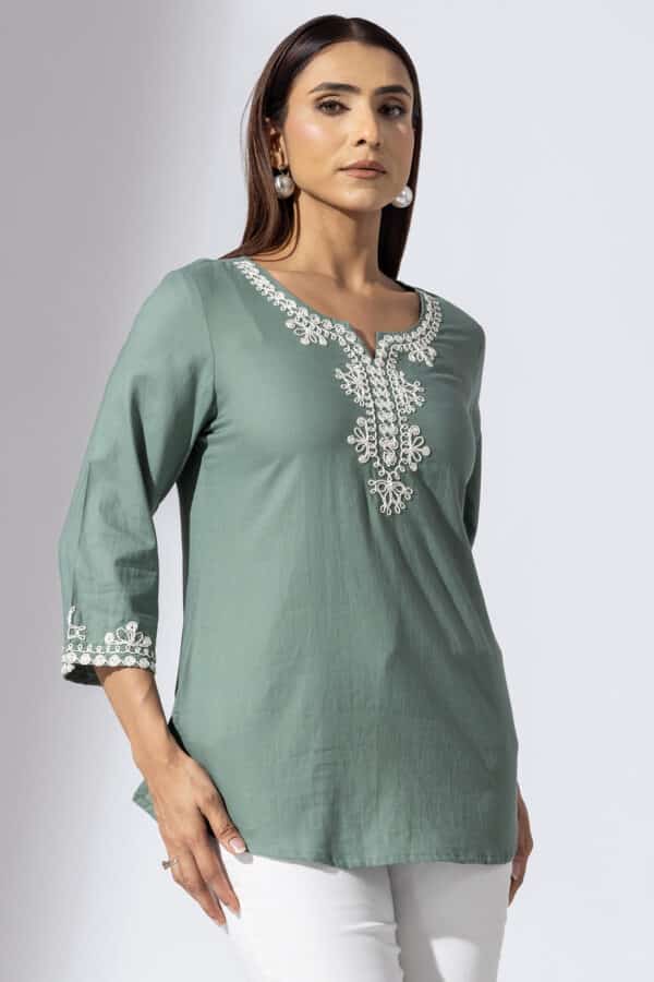 Embroidered Olive Green Tops For Women