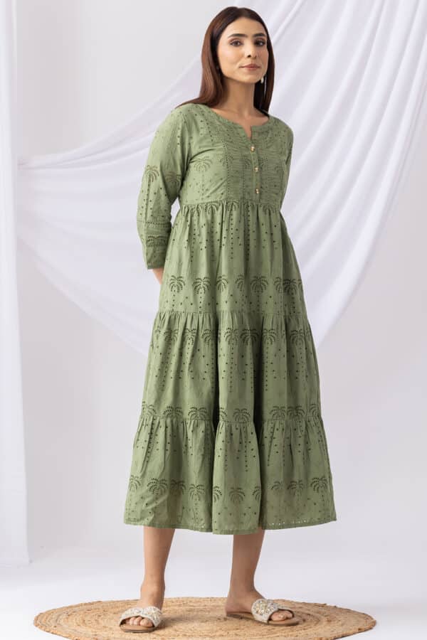 Embroidered Olive Green Dress Woman