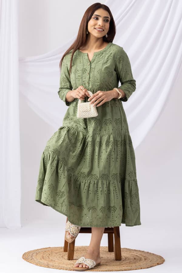 Embroidered Olive Green Dress Woman