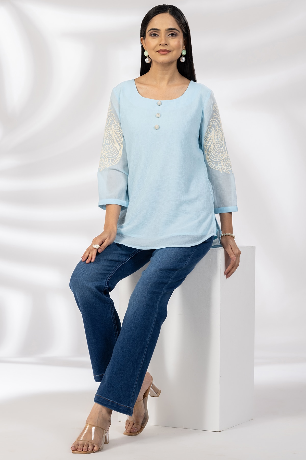 Embroidered Blue Square Neck Top For Woman