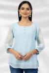 Embroidered Blue Square Neck Top For Woman