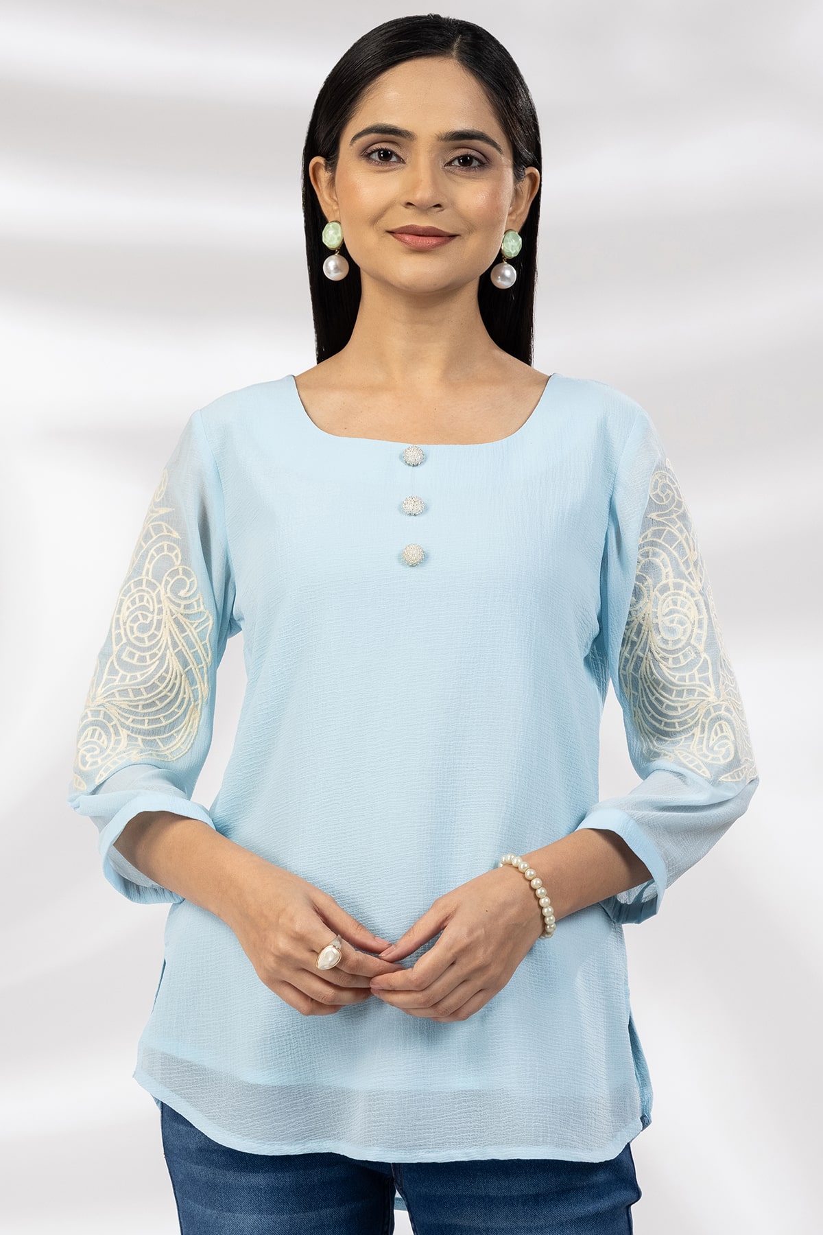 Embroidered Blue Square Neck Top For Woman