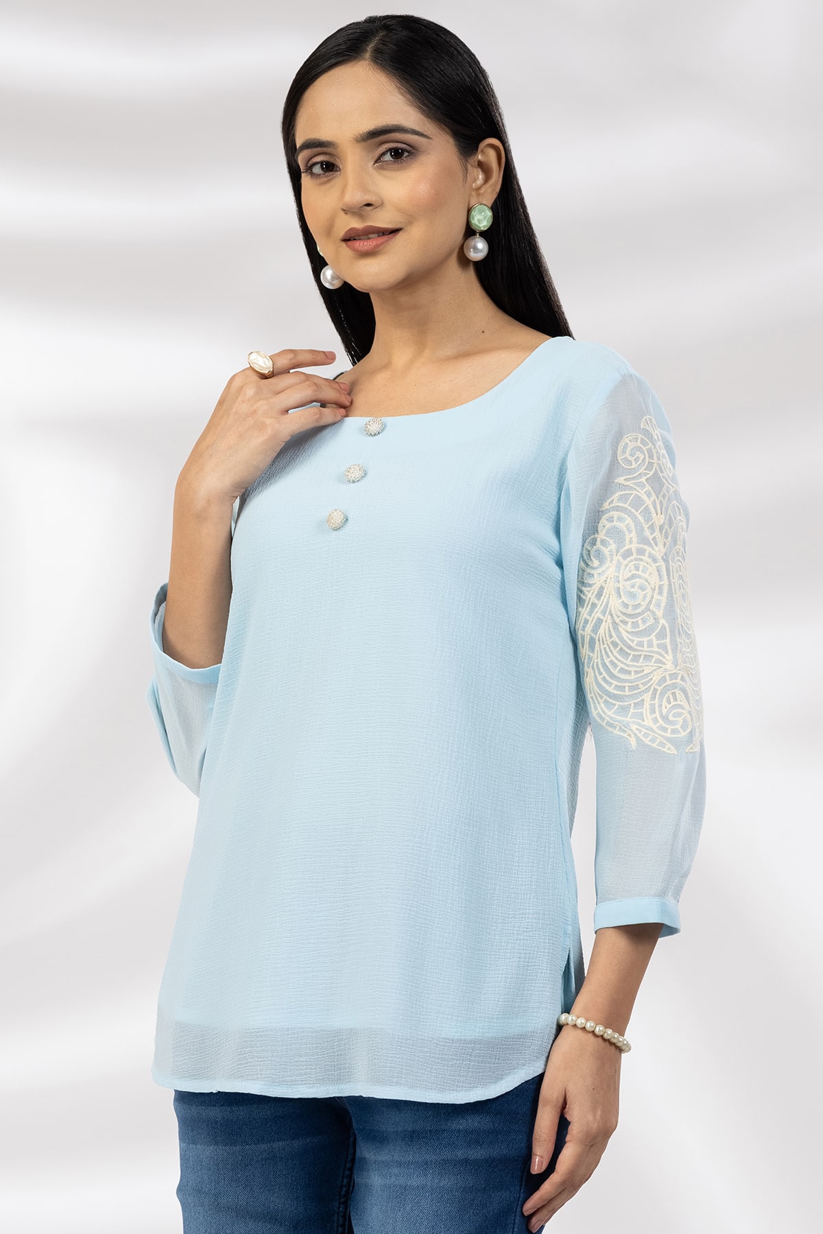 Embroidered Blue Square Neck Top For Woman